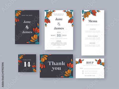 Floral Wedding Card Suite Template Layout In Black And White Color.