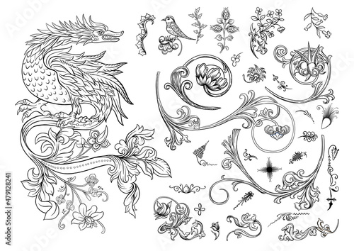 Floral vintage Medieval illuminati manuscript inspiration. Romanesque style. Clip art, set off elements for design Outline vector illustration.