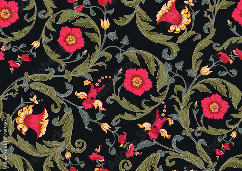 Seamless pattern with stylized flowers In baroque, rococo, victorian, renaissance medieval style. In decorative style. Ethnic patterned ornate hand drawn.medieval style. Vector illustration.