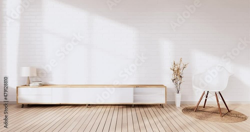 Tv cabinet in loft interior white brick wall room minimal designs, 3d rendering 