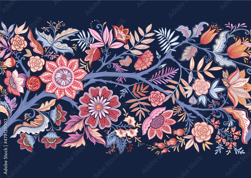 custom made wallpaper toronto digitalSeamless pattern with stylized ornamental flowers in retro, vintage style. Colored vector illustration on navy blue background.