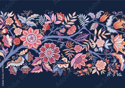Seamless pattern with stylized ornamental flowers in retro, vintage style. Colored vector illustration on navy blue background.