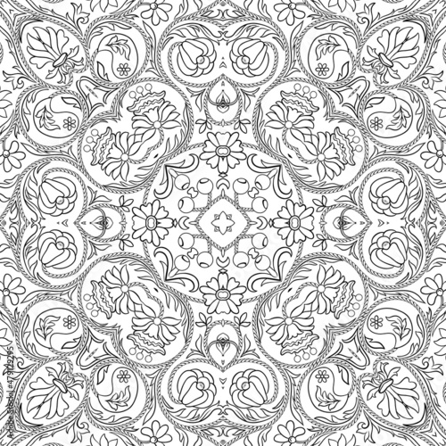 Fantasy flowers in retro  vintage  embroidery style. Seamless pattern  background. Outline hand drawing vector illustration.