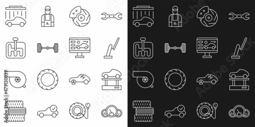 Set line Speedometer, Repair car on a lift, Windscreen wiper, Car brake disk with caliper, Chassis, Gear shifter, wash and Diagnostics condition of icon. Vector