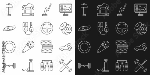 Set line Screwdriver and wrench spanner, Auto service check automotive, Car brake disk with caliper, Windscreen wiper, key remote, headlight, Hammer and Steering wheel icon. Vector