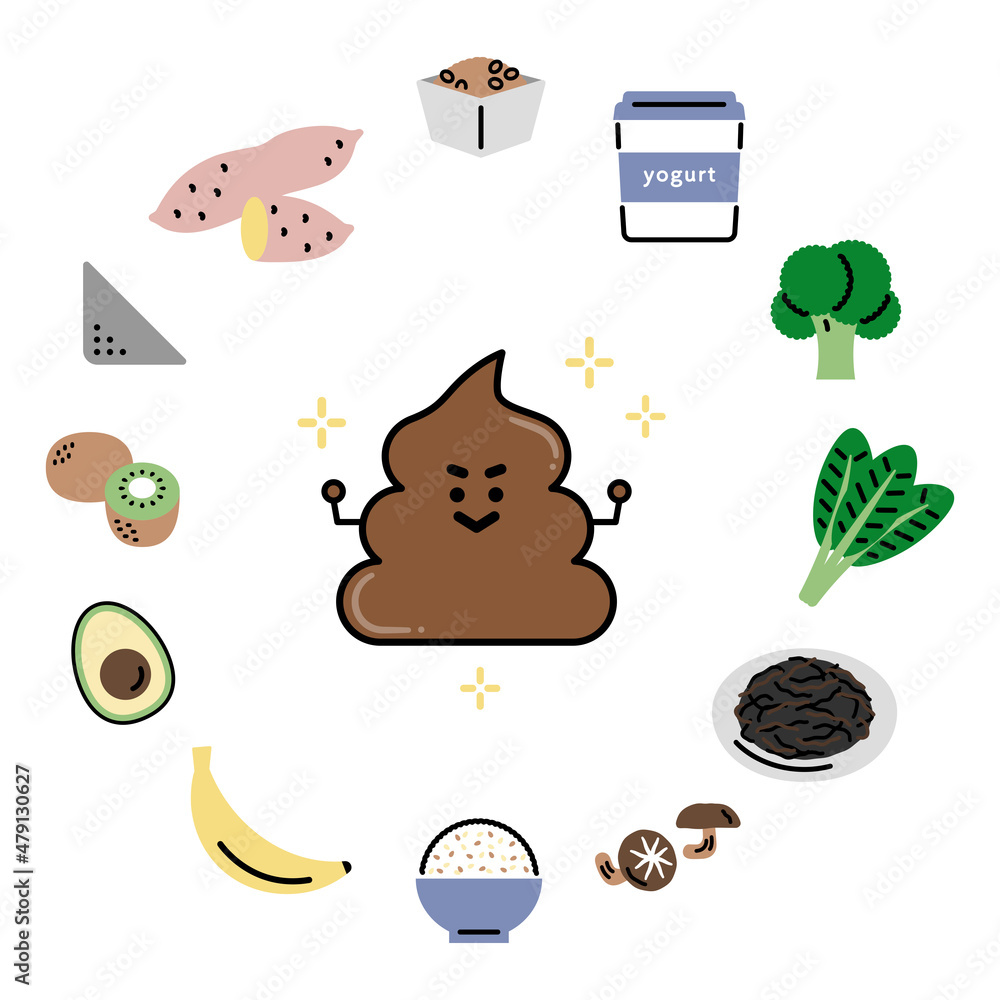 健康的なうんちのキャラクターと便秘に効く食べ物 Stock Illustration Adobe Stock 健康的なうんちのキャラクターと便秘に効く食べ物 Stock Illustration Adobe Stock