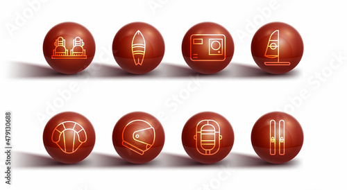 Set line Snowboard, Parachute, Windsurfing, Rafting boat, Helmet, Surfboard, Ski and sticks and Action extreme camera icon. Vector