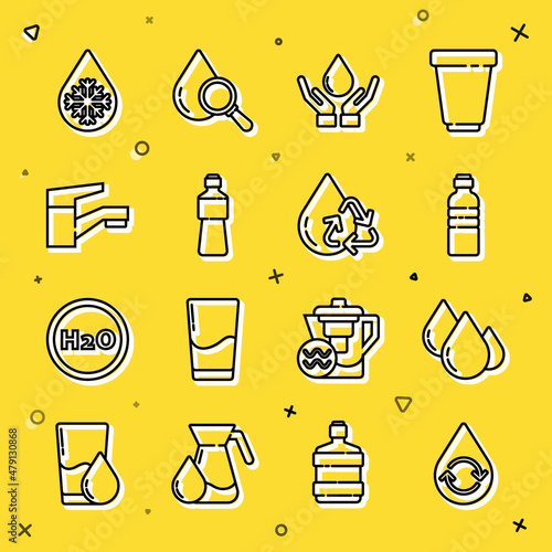 Set line Recycle clean aqua, Water drop, Bottle of water, Washing hands with soap, tap, Defrosting and icon. Vector