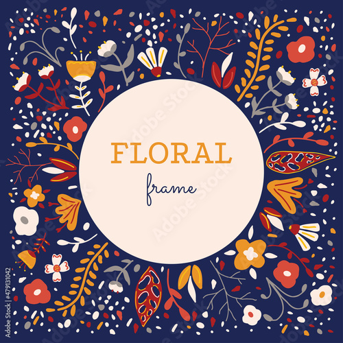Floral greeting card in scandinavian style. Frame with doodle flowers and leaves. Folk art vintage border for text. Vector illustration for wedding invitation, save the date.