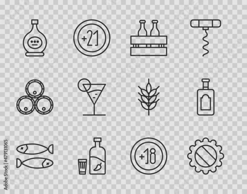 Set line Dried fish, Bottle cap, Pack of beer bottles, Vodka with pepper and glass, cognac or brandy, Martini, Alcohol 18 plus and Whiskey icon. Vector