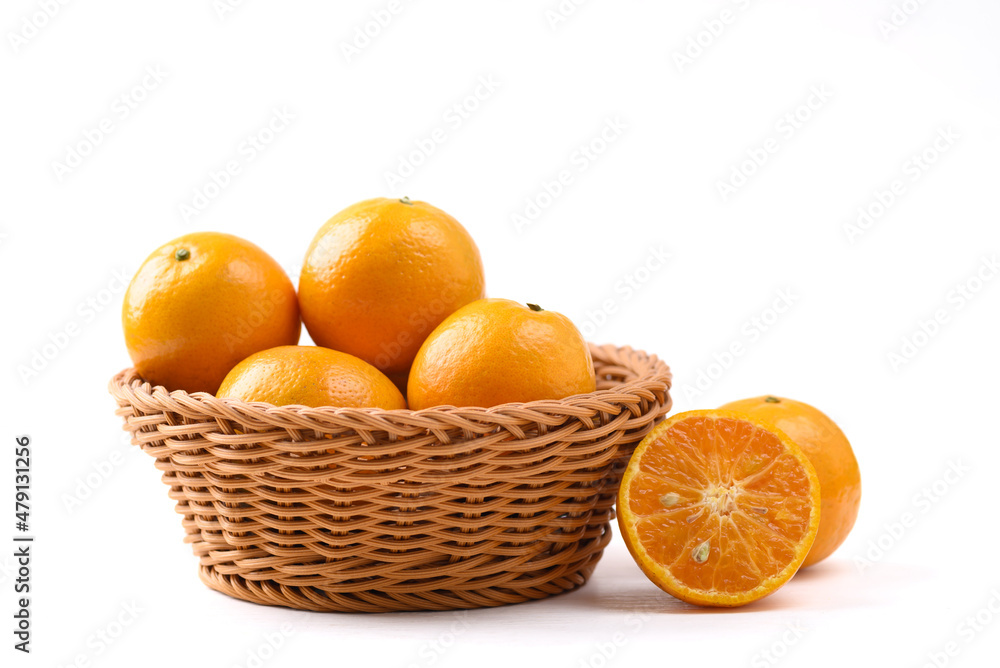 Fresh tangerine orange fruit in basket on white background, Tropical fruit Fresh tangerine orange fruit in basket on white background, Tropical fruit