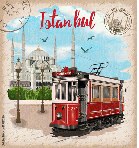 Vintage touristic postcard. Istanbul,Turkey.Retro poster with retro tram and Blue Mosque.
