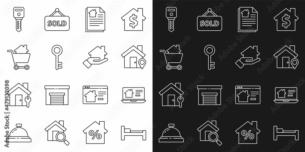 Set line Bed, Online real estate house, Location with, House contract, key, Shopping cart, and Realtor icon. Vector Set line Bed, Online real estate house, Location with, House contract, key, Shopping cart, and Realtor icon. Vector