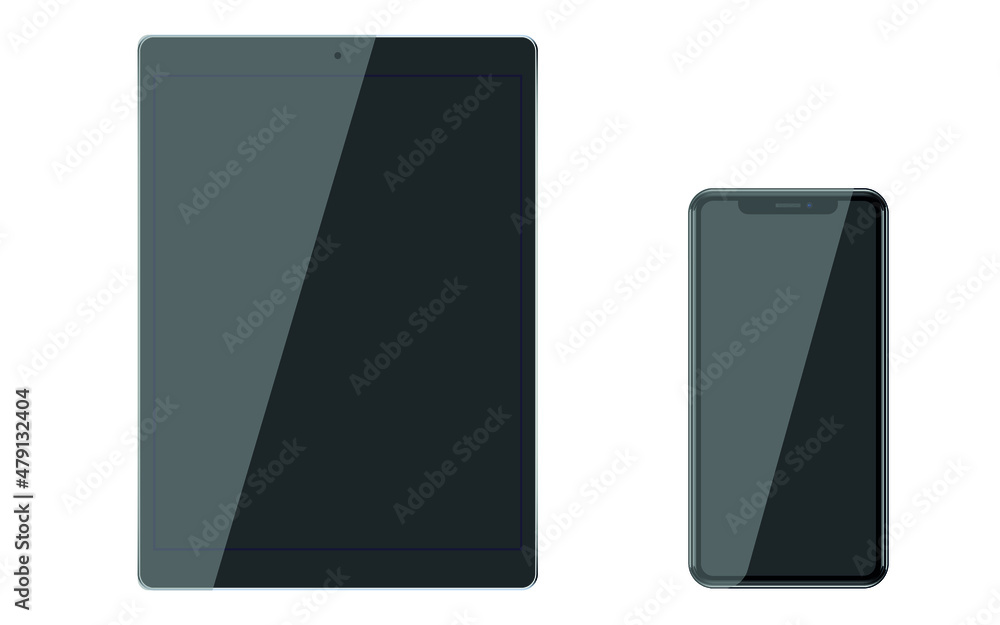 Modern digital tablet and smartphone. Black screen of modern Digital Tablet and Smart Phone Isolated on White. Vector illustration Modern digital tablet and smartphone. Black screen of modern Digital Tablet and Smart Phone Isolated on White. Vector illustration