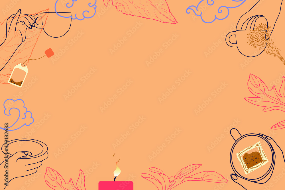 frame for text with hands are holding a cup, teapot, tea bag, candle, flowers and leaves frame for text with hands are holding a cup, teapot, tea bag, candle, flowers and leaves