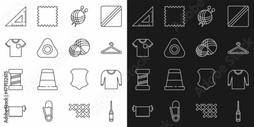 Set line Awl tool, Sweater, Hanger wardrobe, Yarn ball with knitting needles, Sewing chalk, T-shirt, Triangular ruler and icon. Vector