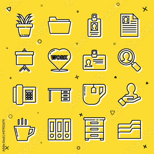 Set line Document folder, Hand for search a people, Magnifying glass, Identification badge, Heart with text work, Chalkboard diagram, Plant pot and icon. Vector