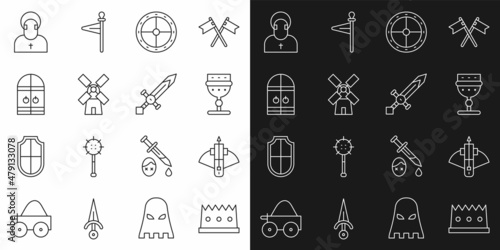 Set line King crown, Battle crossbow with arrow, Medieval goblet, Round wooden shield, Windmill, castle gate, Monk and sword icon. Vector