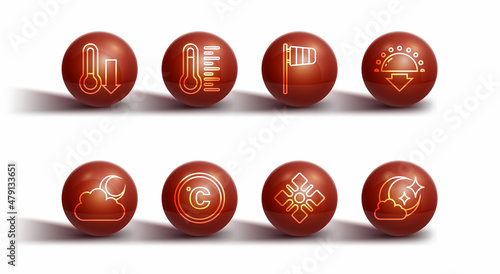Set line Meteorology thermometer, Cloud with moon, Sunset, Snowflake, Celsius, and Cone windsock wind vane icon. Vector