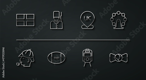 Set line Flag of England, Sherlock Holmes, London eye, Tram railway, Rugby ball, British soldier, Bow tie and Location icon. Vector