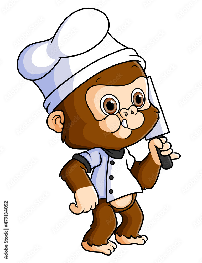 The chef monkey with the meat knife is standing in the kitchen The chef monkey with the meat knife is standing in the kitchen