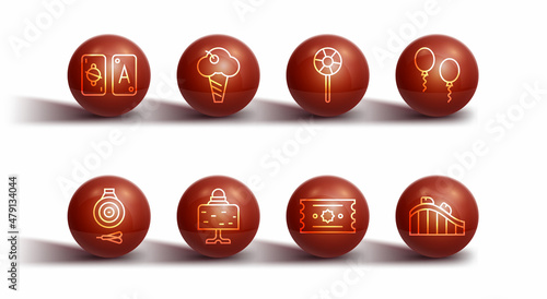 Set line Tarot cards, Classic dart board and arrow, Balloons, Ticket, Magic ball table, Ice cream in waffle cone, Roller coaster and Lollipop icon. Vector