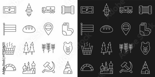 Set line The Tsar bell, Bear head, Valenki, Tanker truck, Bread loaf, National Russia flag, Russian ruble banknote and Location icon. Vector