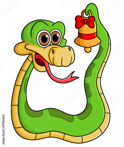 The happy snake is playing a bell by its tail