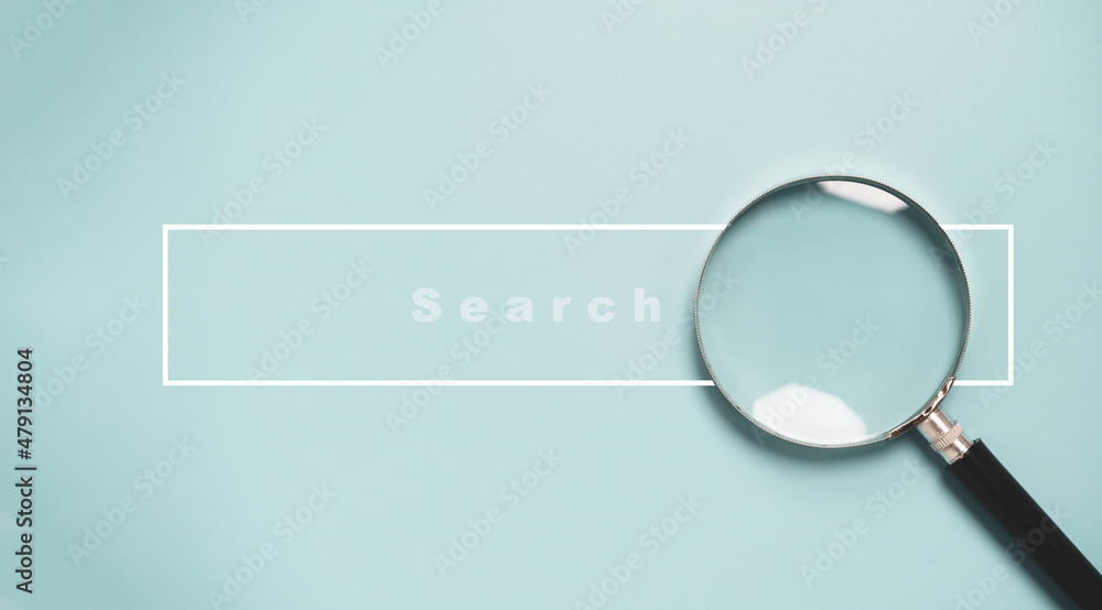 Magnifier glass with search bar icon for SEO or Search Engine Optimisation wording concept. - obrazy, fototapety, plakaty 