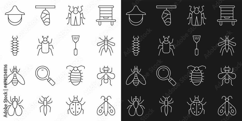 Set line Butterfly, Insect, Mosquito, Beetle bug, Centipede, Beekeeper hat and Fly swatter icon. Vector