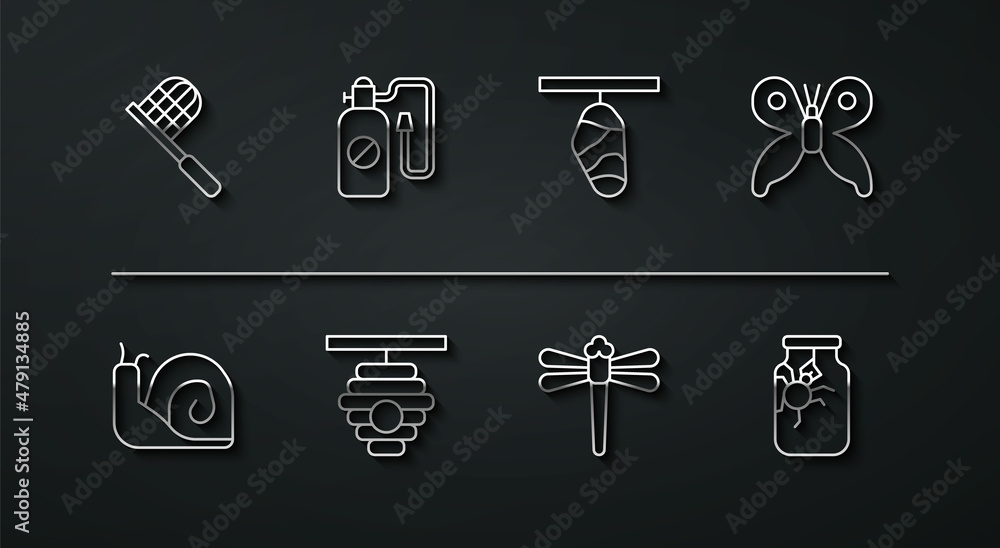 Set line Butterfly net, Snail, Dragonfly, Hive for bees, Pressure sprayer, Spider in jar and cocoon icon. Vector Set line Butterfly net, Snail, Dragonfly, Hive for bees, Pressure sprayer, Spider in jar and cocoon icon. Vector