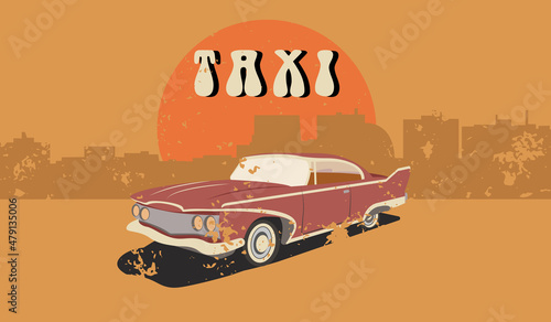 Avto taxi retro  business card  city  silhouette  sun