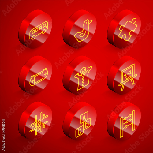 Set line Bus toy, Rubber duck, Puzzle pieces, Portable video game console, Toy puppet doll hand, Chalkboard, Tic tac toe and ABC blocks icon. Vector