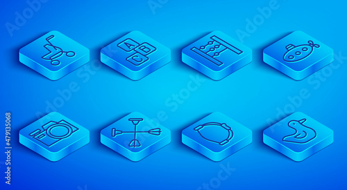 Set line Baby stroller, ABC blocks, Abacus, Arrow with sucker tip, Bow toy, Submarine, Photo camera and Rubber duck icon. Vector