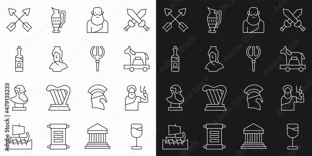 Set line Wine glass, Zeus, Trojan horse, Socrates, Ancient bust sculpture, Bottle of wine, Crossed arrows and Neptune Trident icon. Vector Set line Wine glass, Zeus, Trojan horse, Socrates, Ancient bust sculpture, Bottle of wine, Crossed arrows and Neptune Trident icon. Vector