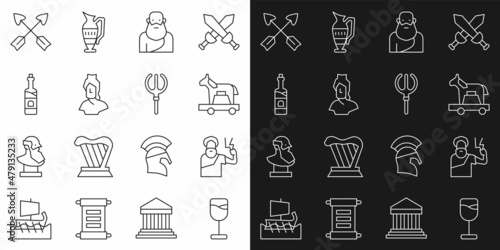 Set line Wine glass, Zeus, Trojan horse, Socrates, Ancient bust sculpture, Bottle of wine, Crossed arrows and Neptune Trident icon. Vector