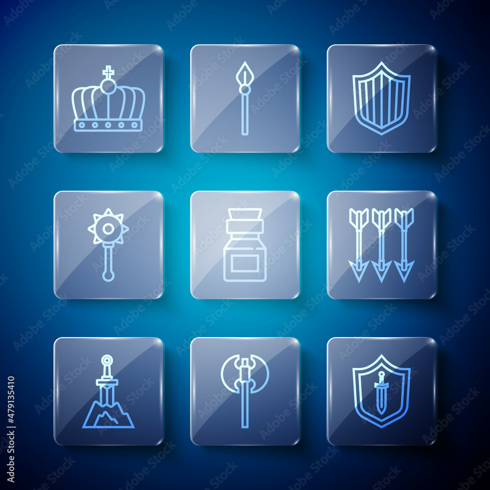 Set line Sword in the stone, Medieval axe, shield with sword, Shield, Poison bottle, chained mace ball, King crown and Crossed arrows icon. Vector Set line Sword in the stone, Medieval axe, shield with sword, Shield, Poison bottle, chained mace ball, King crown and Crossed arrows icon. Vector