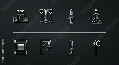 Set line Castle, fortress, Decree, parchment, scroll, Sword in the stone, Medieval sword, Gallows, Crossed arrows, axe and Dagger icon. Vector