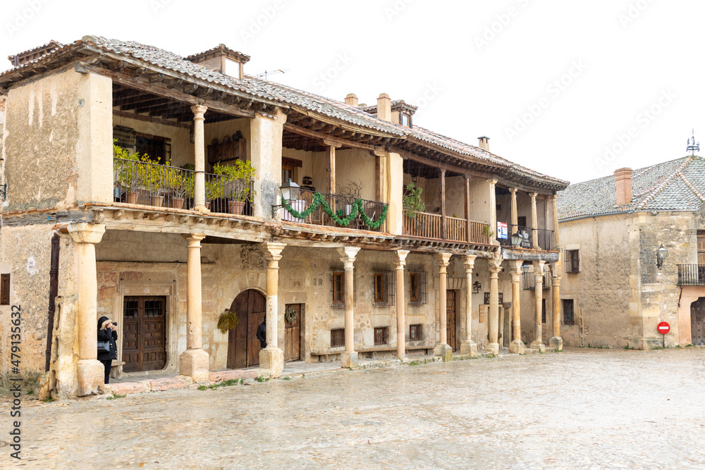 details of the buildings that surround the main square of the town of Pedraza in the province of Segovia