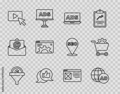 Set line Lead management, Advertising, Customer product rating, Browser setting, window and Shopping cart icon. Vector
