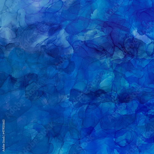 アルコールインクアートの抽象背景）海のイメージの青いマーブル 波 綺麗 繊細 正方形