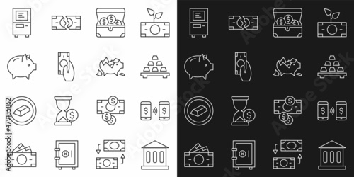 Set line Bank building, Money payment transfer, Gold bars, Treasure chest, Fast payments, Piggy bank, ATM and Broken piggy icon. Vector