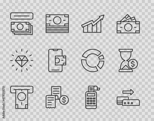 Set line ATM and money, Pos terminal, Financial growth increase, Paper or financial check, Mobile banking, Cash register machine and Hourglass with dollar icon. Vector
