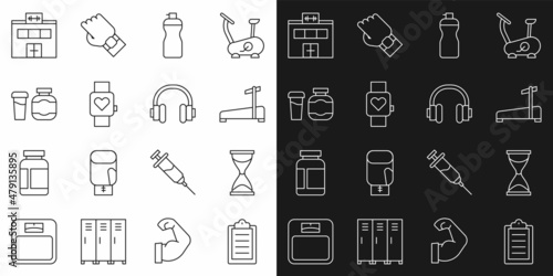 Set line Sport training program, Old hourglass, Treadmill machine, Fitness shaker, Smart watch, Sports nutrition, Gym building and Headphones icon. Vector