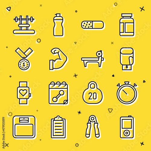 Set line Music player, Stopwatch, Boxing glove, Vitamin pill, Bodybuilder muscle, Medal, Bench with barbel and icon. Vector