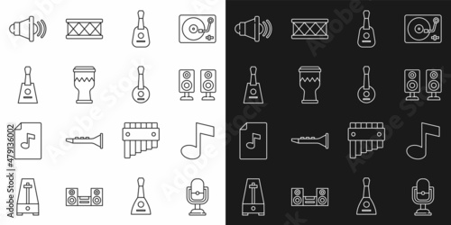 Set line Microphone, Music note, tone, Stereo speaker, Guitar, Drum, Balalaika, Speaker volume and Banjo icon. Vector