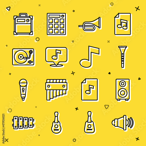 Set line Speaker volume, Stereo speaker, Clarinet, Trumpet, Musical note, Vinyl player with vinyl disk, Guitar amplifier and tone icon. Vector