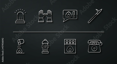 Set line Ringing alarm bell, Bucket extinguishing fire, Metal pike pole, Matchbox and matches, Fire hydrant, Firefighter gloves, Telephone call 911 and icon. Vector