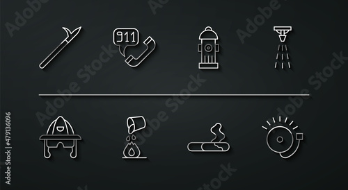 Set line Metal pike pole, Firefighter helmet, sprinkler, Cigarette, Bucket extinguishing fire, Telephone call 911, Ringing alarm bell and hydrant icon. Vector
