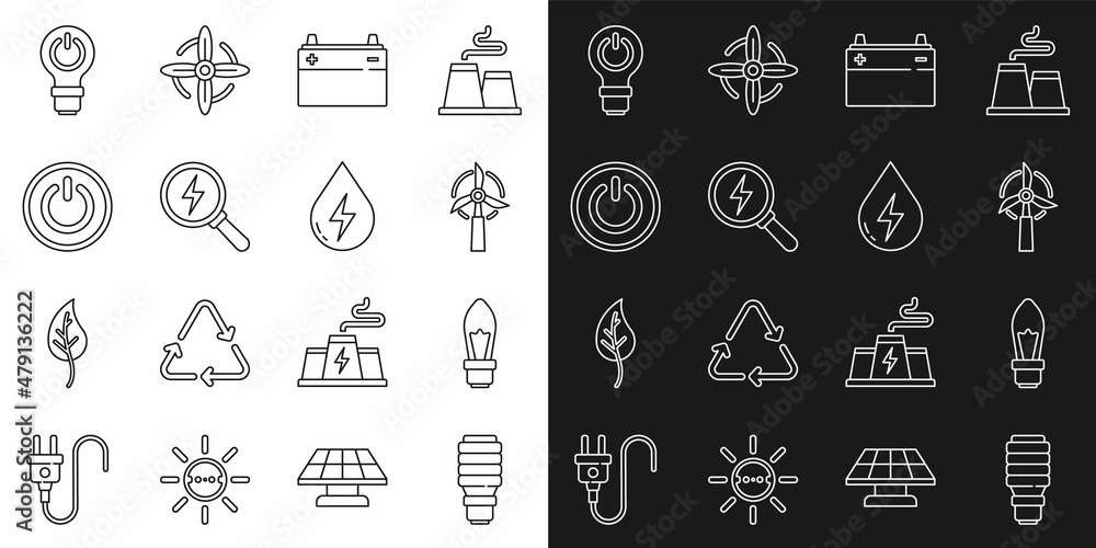 Set line LED light bulb, Light, Wind turbine, Car battery, Lightning bolt, Power button, with lightning and Water energy icon. Vector